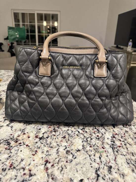 Vera Bradley Handbags - Vera Bradley Quilted Leather Satchel Tote Black Taupe Floral Lining